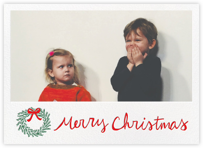 Merry Christmas Wreath (Horizontal) - White - Linda and Harriett - Double Sided Christmas Cards