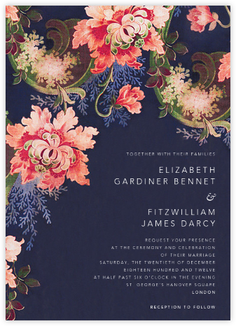 Rose Floral Ikat (Invitation) - Navy - Oscar de la Renta - Romantic wedding invitations 