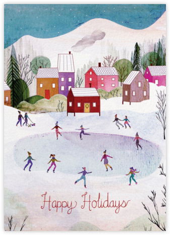Village Skating (Josie Portillo) - Holiday - Red Cap Cards - Watercolor Christmas Cards